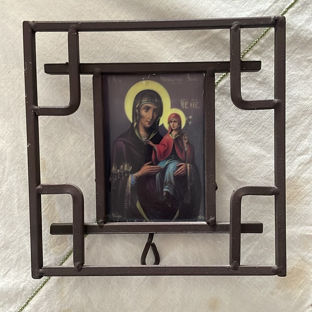 Virgin Mary & Child Icon Vintage 8x8 Solid Brown Metal Frame 3.75x5 Photo Frame